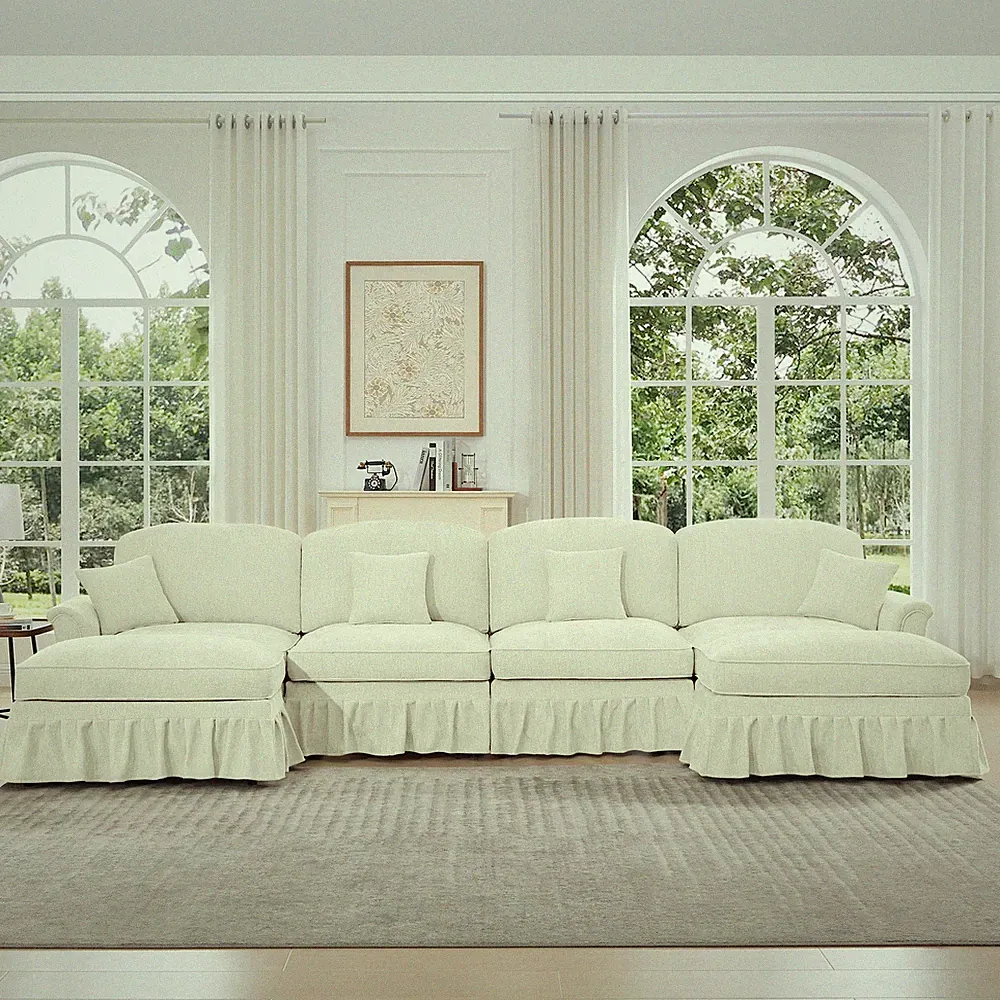 4 Seat Beige Chenille Modular Sectional Sofa with Removable Skirts & Ottomans