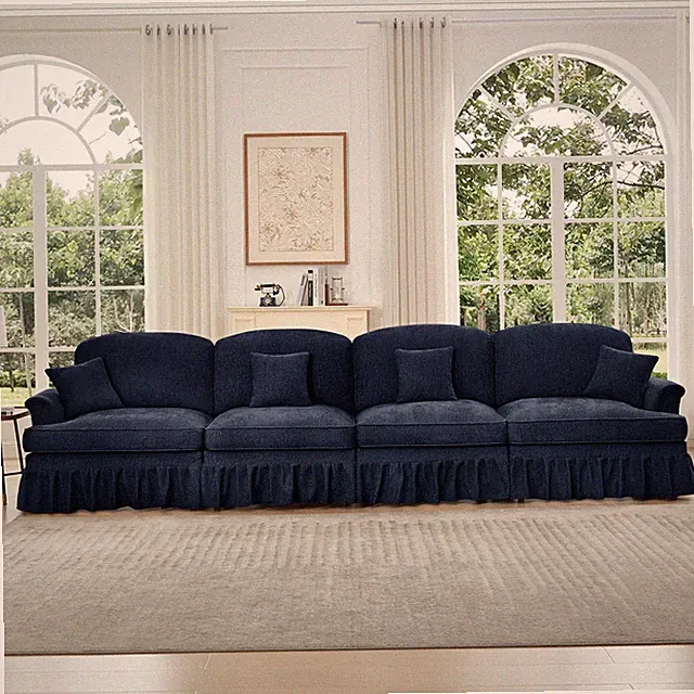 4-Seat Blue Chenille Mid-Century Sectional Sofa with Removable Skirt