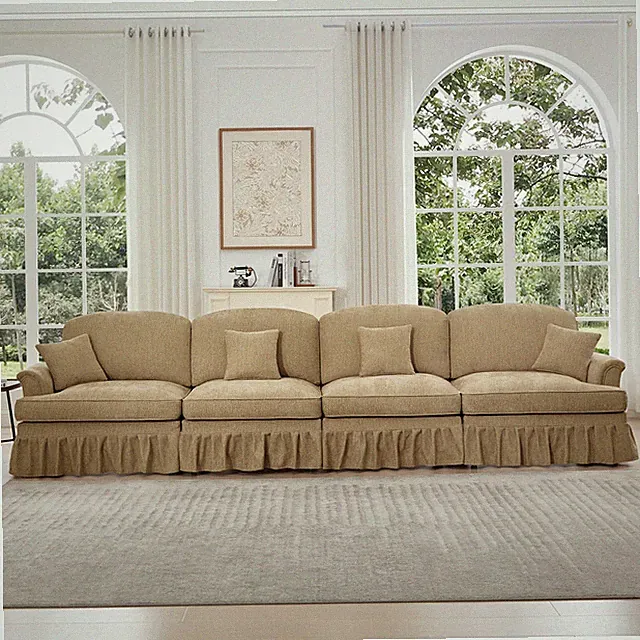 4-Seat Chenille Sofa w/ Detachable Ruffled Skirt & Flared Arms, Light Coffee