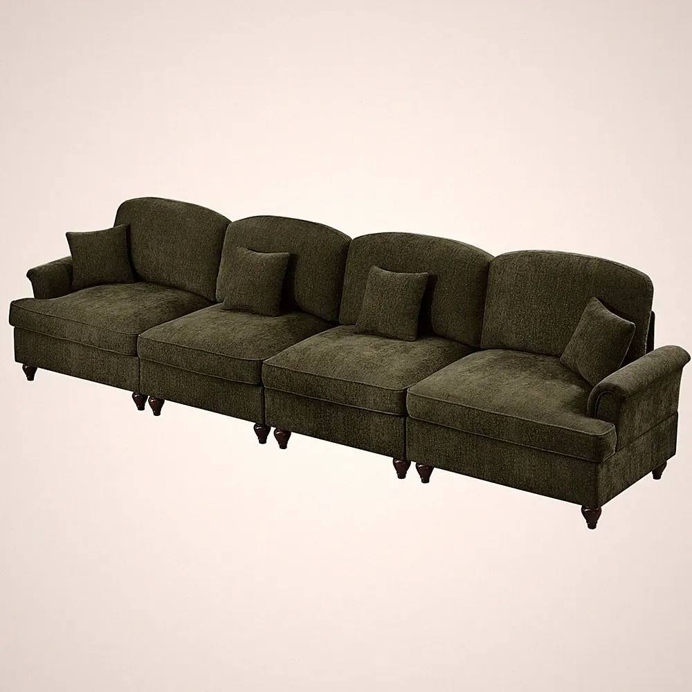 4 Seat Chenille Sofa with Removable Pillows, Ruffle Skirt, Curved Arms