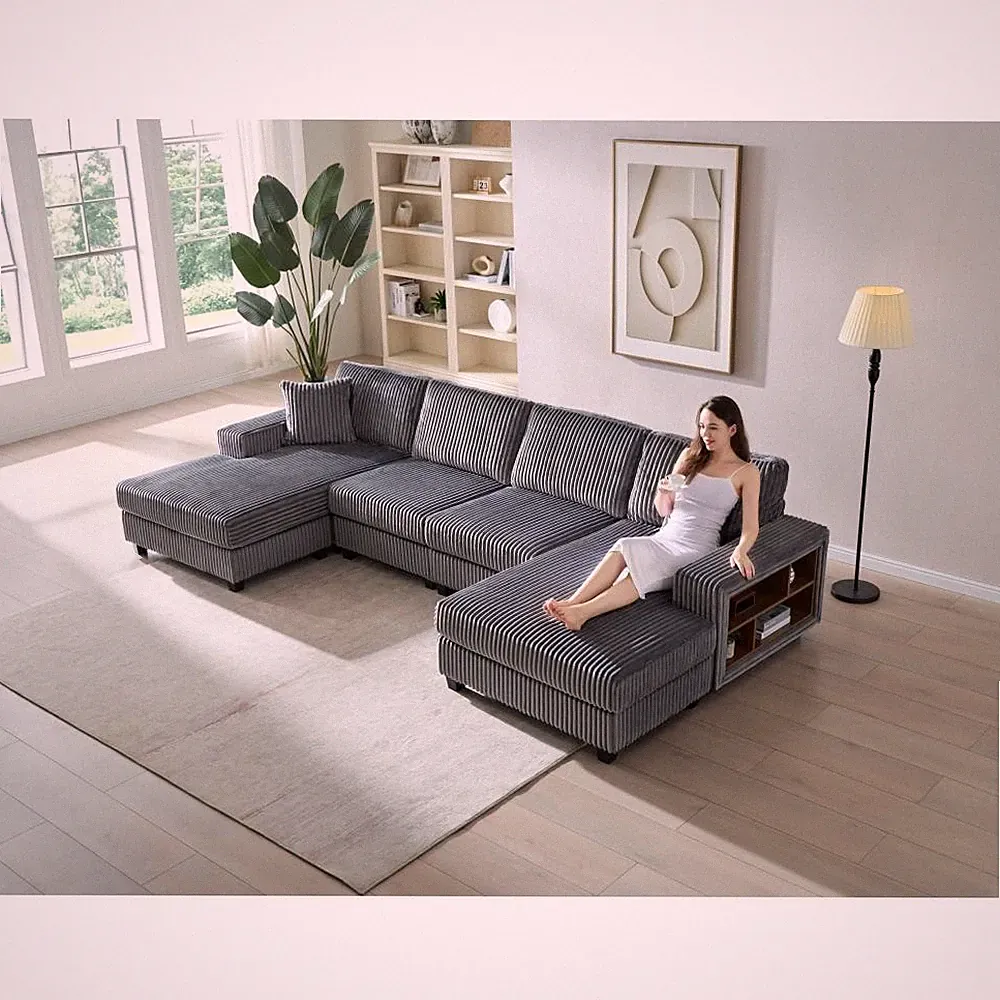 4-Seat Dark Grey Corduroy U-Shaped Convertible Sectional Sofa