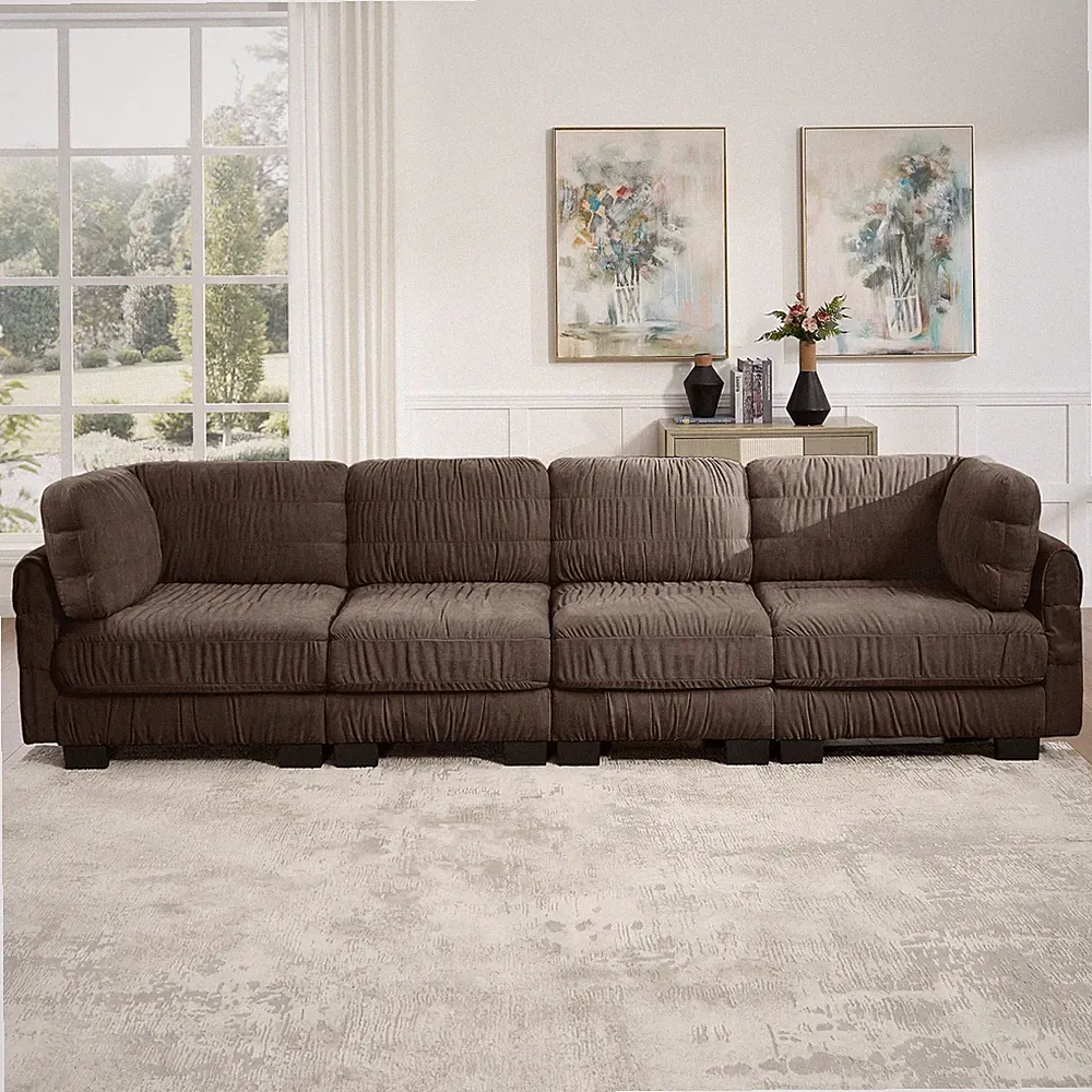 4 Seat L-Shape Chenille Sectional Sofa Green Ruched Detailing