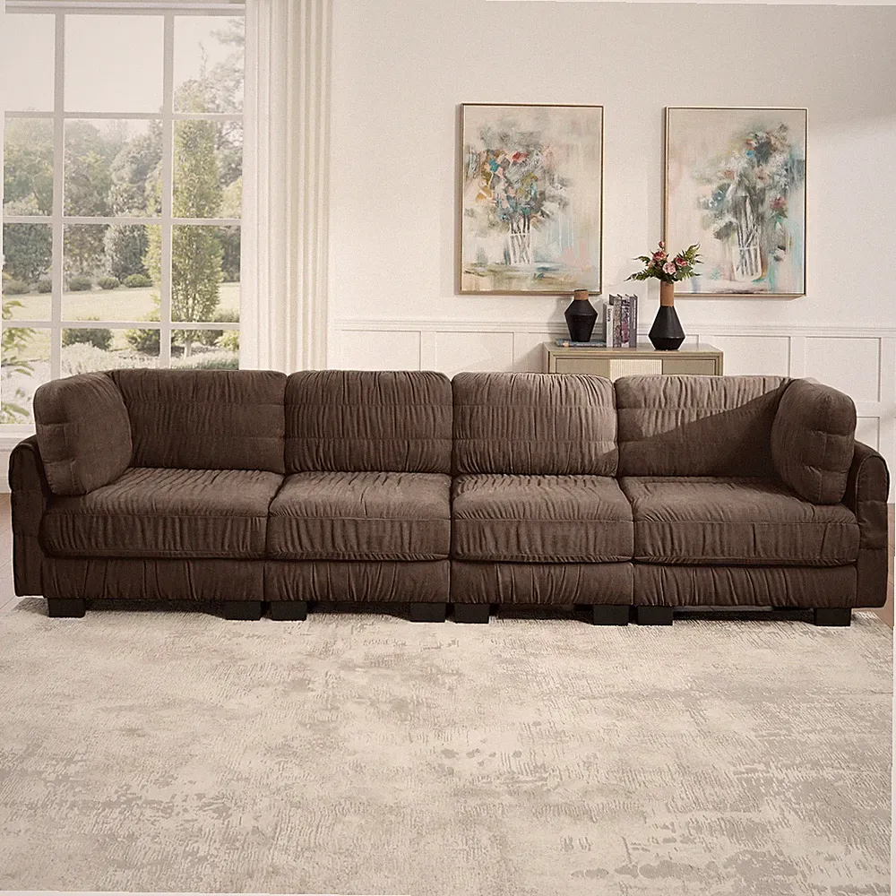 4 Seat L-Shape Modular Sectional Sofa, Chenille Fabric, Ruched Detailing, Brown