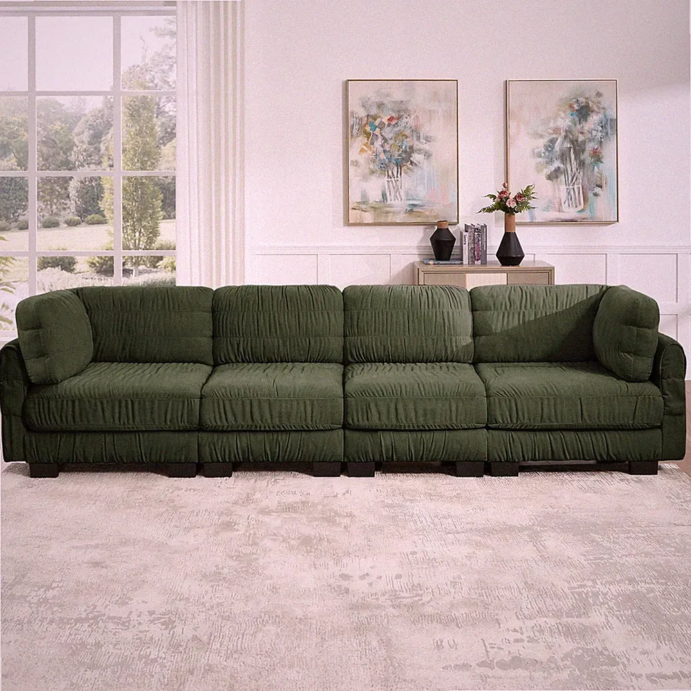 4 Seat L-Shape Modular Sectional Sofa, Chenille, Ruched Detailing, Green