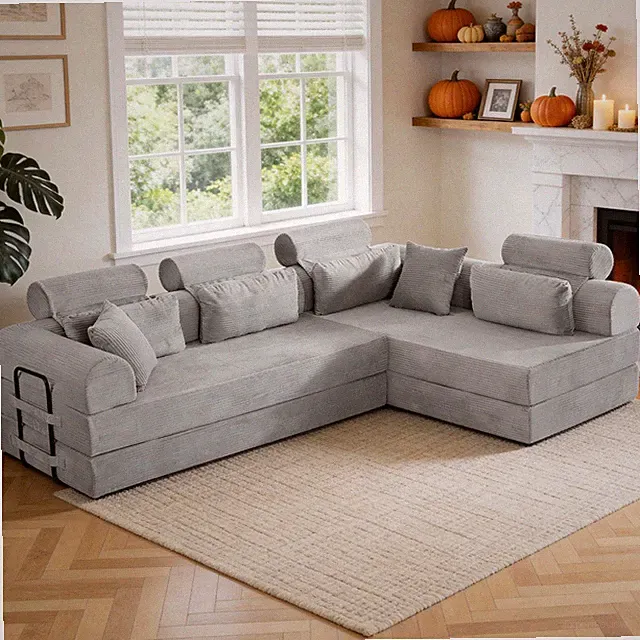 4 Seat L shape Modular Sectional Sofa Corduroy Couch Unfold into a bed, Bedroom