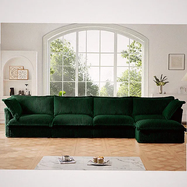 4-Seat L-Shape Sectional Sofa, Green Corduroy Fabric, Deep Seat with Pillows