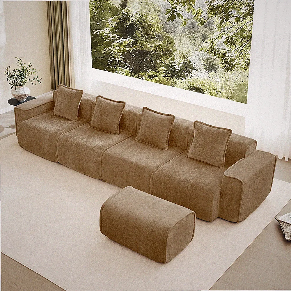 4-Seat L-Shape Sectional Sofa Velvet Brown French Piping