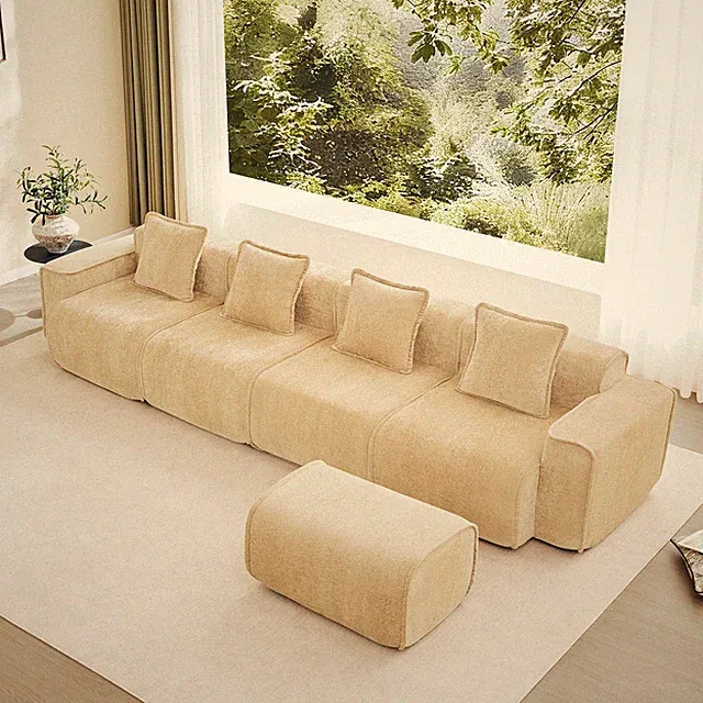4-Seat L-Shape Sectional Sofa Velvet Light Camel w/ Ottoman