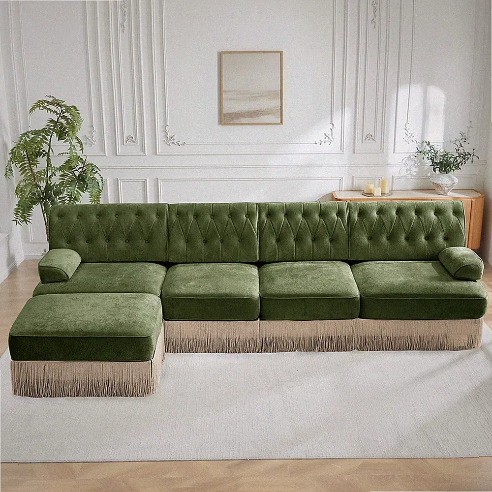 4-Seat L-Shaped Green Velvet Chesterfield Sofa with Ottoman & Skirt