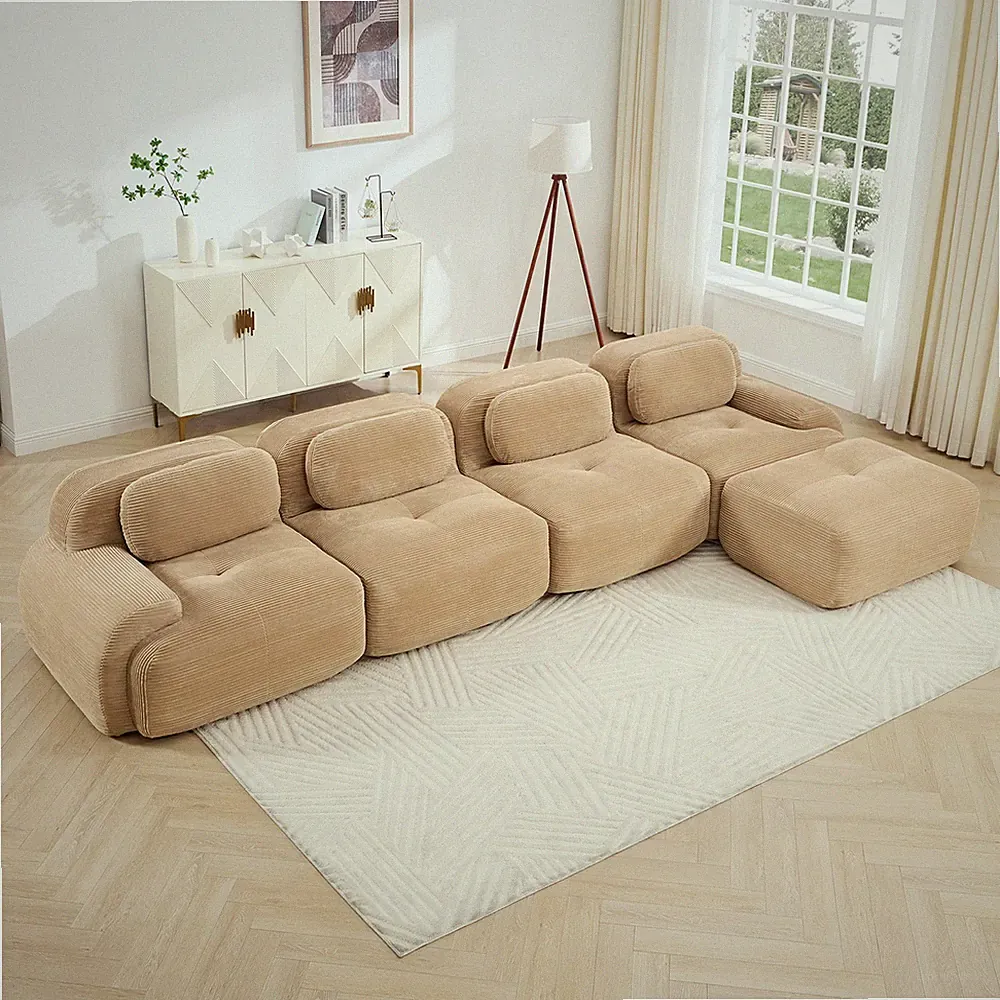 4-Seat L-Shaped Sectional Sofa in Camel Corduroy, Modular w/ Chaise, No Assembly