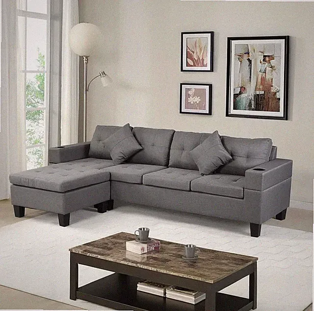 4-Seat L-Shaped Sectional Sofa Set with Cup Holders and Pillows Grey