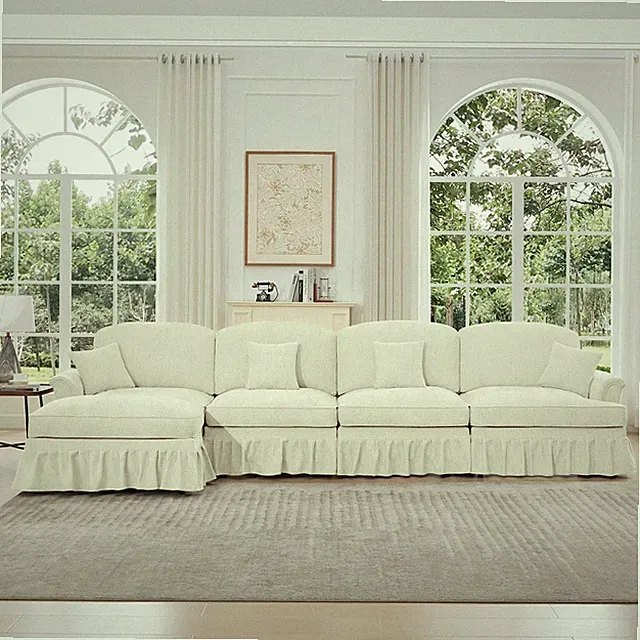 4-Seat L-Shaped Sectional Sofa with Ottoman, Beige Chenille Fabric (Fringe)
