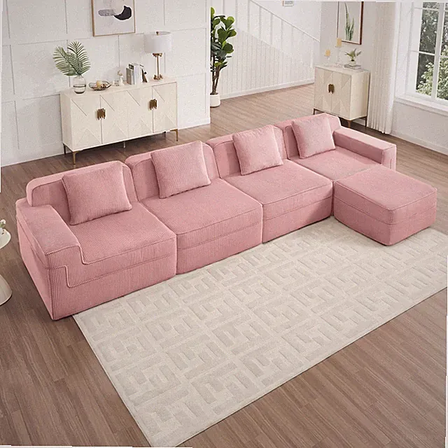 4-Seat L-Shaped Sofa with Ottoman, Corduroy Fabric, Unbranded