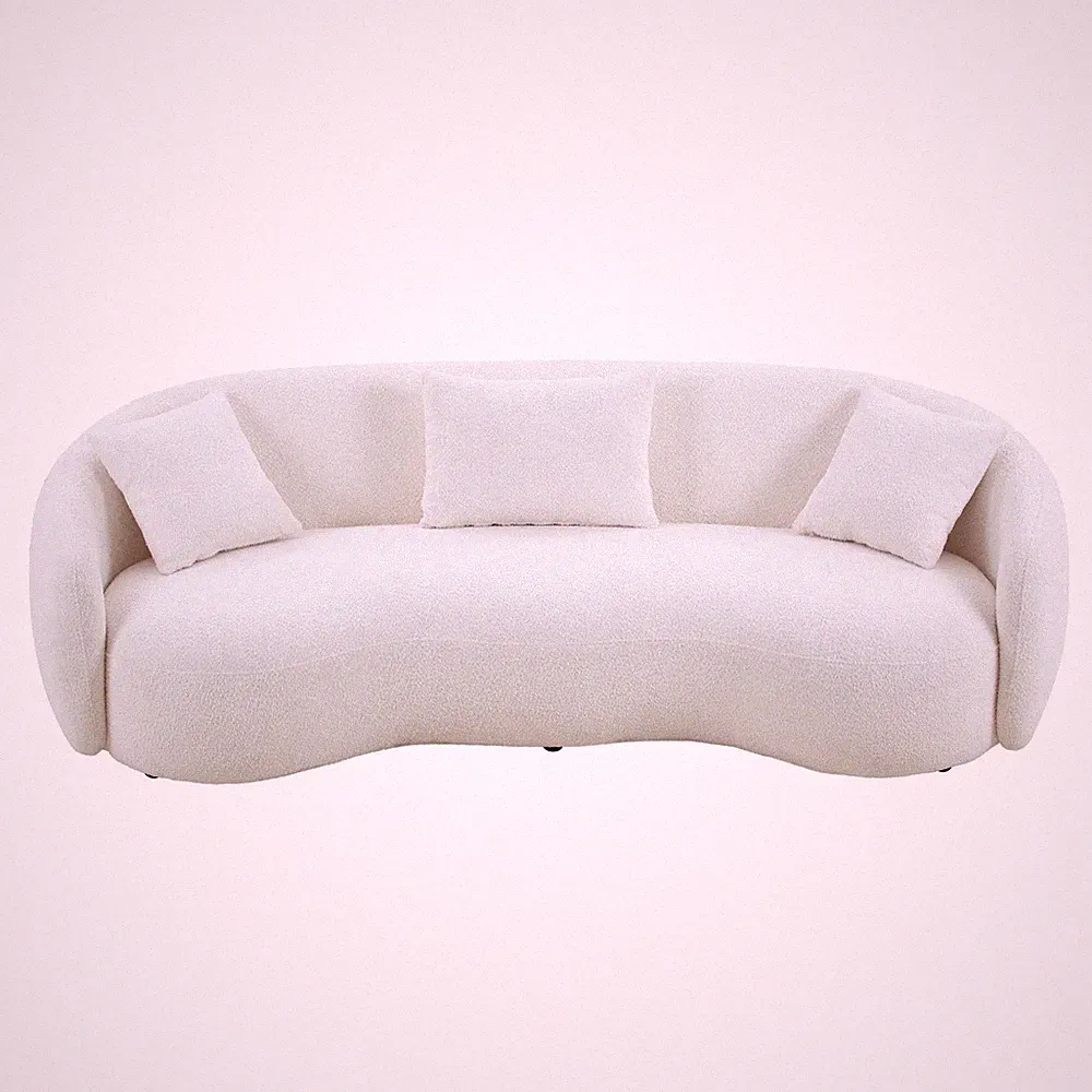 4-Seat Mid-Century Modern Boucle Curved Sectional Sofa with Pillows White