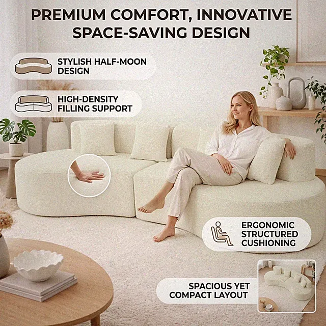 4 Seat Modern Curved Couch Versatile Cream Fleece Couch Fit Multiple Styles
