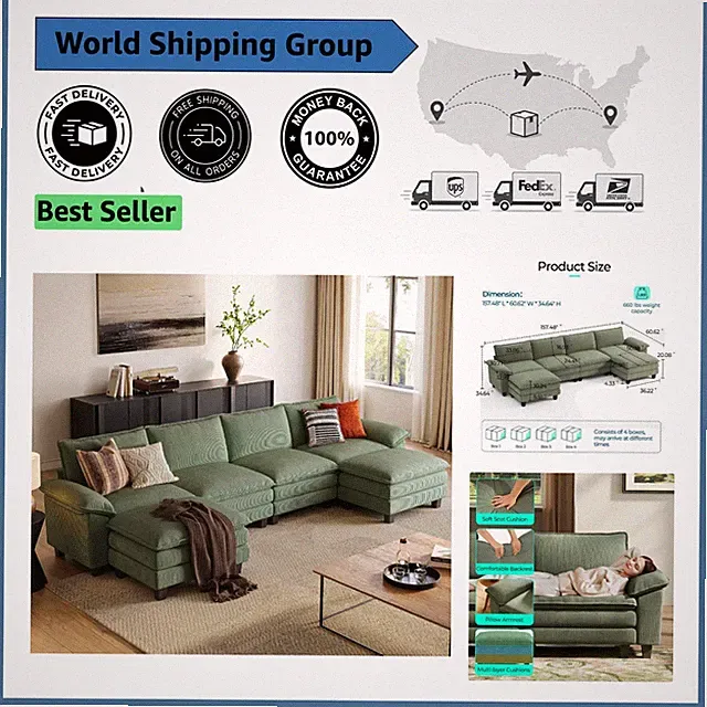 4 Seat Modular Cloud Couch with Deep Seats and Movable Ottomans - 157''