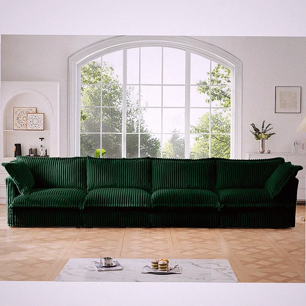 4-Seat Modular Cloud Sofa, Green Corduroy Removable Cover, Sectional Convertible