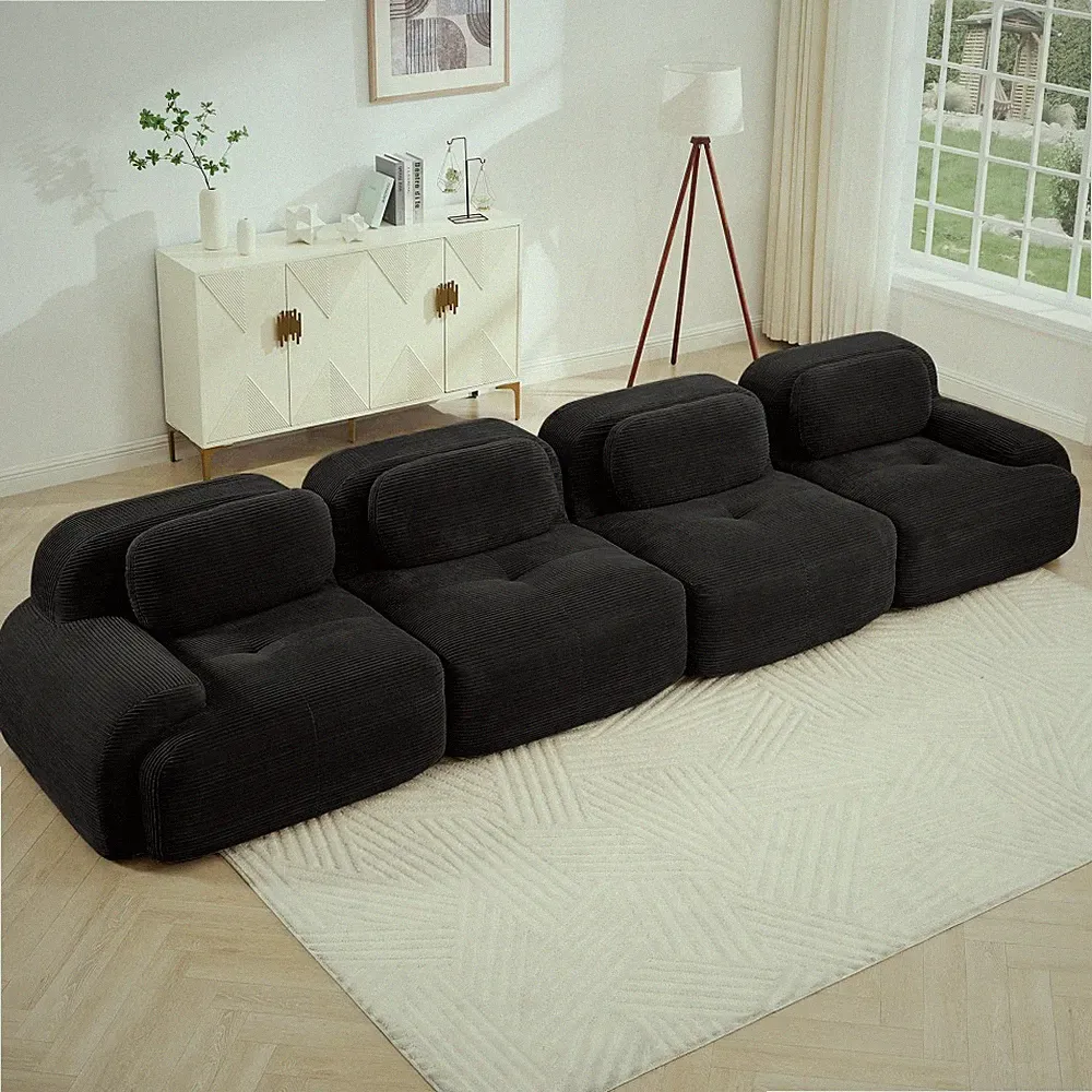 4-Seat Modular Sectional Sofa - Black Corduroy Fabric, Pet-Friendly, No Assembly