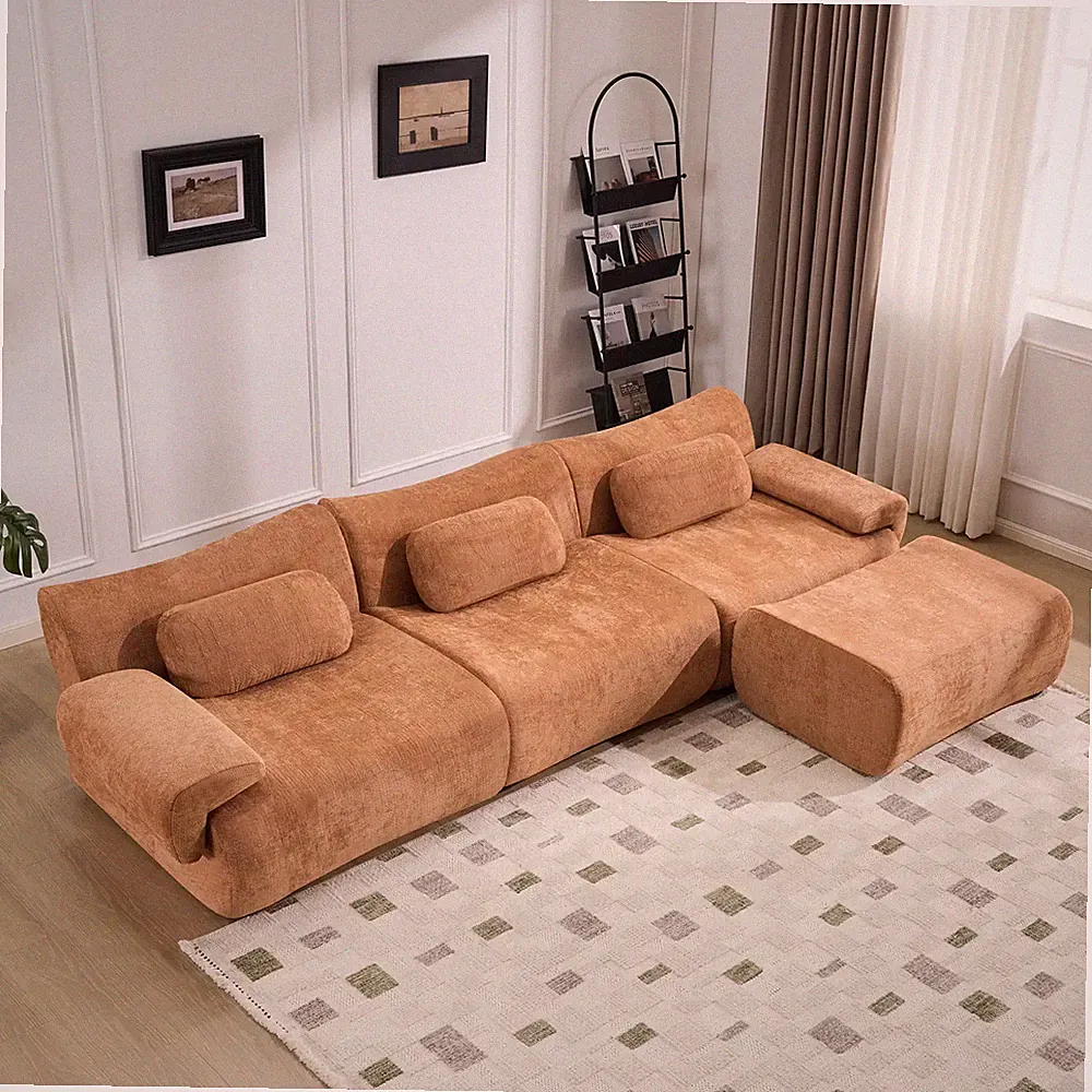 4-Seat Modular Sectional Sofa Chenille Bamboo Joint Cloud Couch Orange