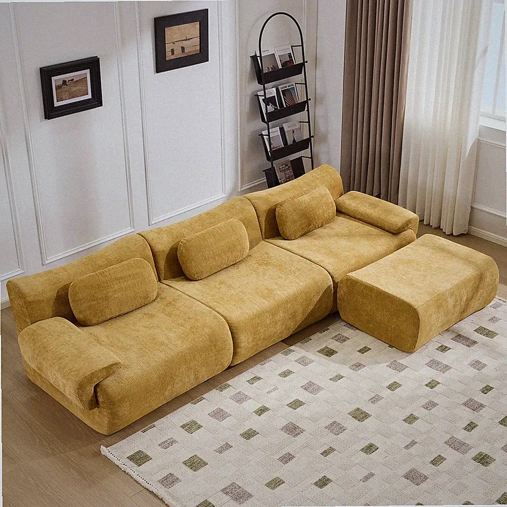 4-Seat Modular Sectional Sofa Chenille Bamboo Joint Cloud Couch Yellow