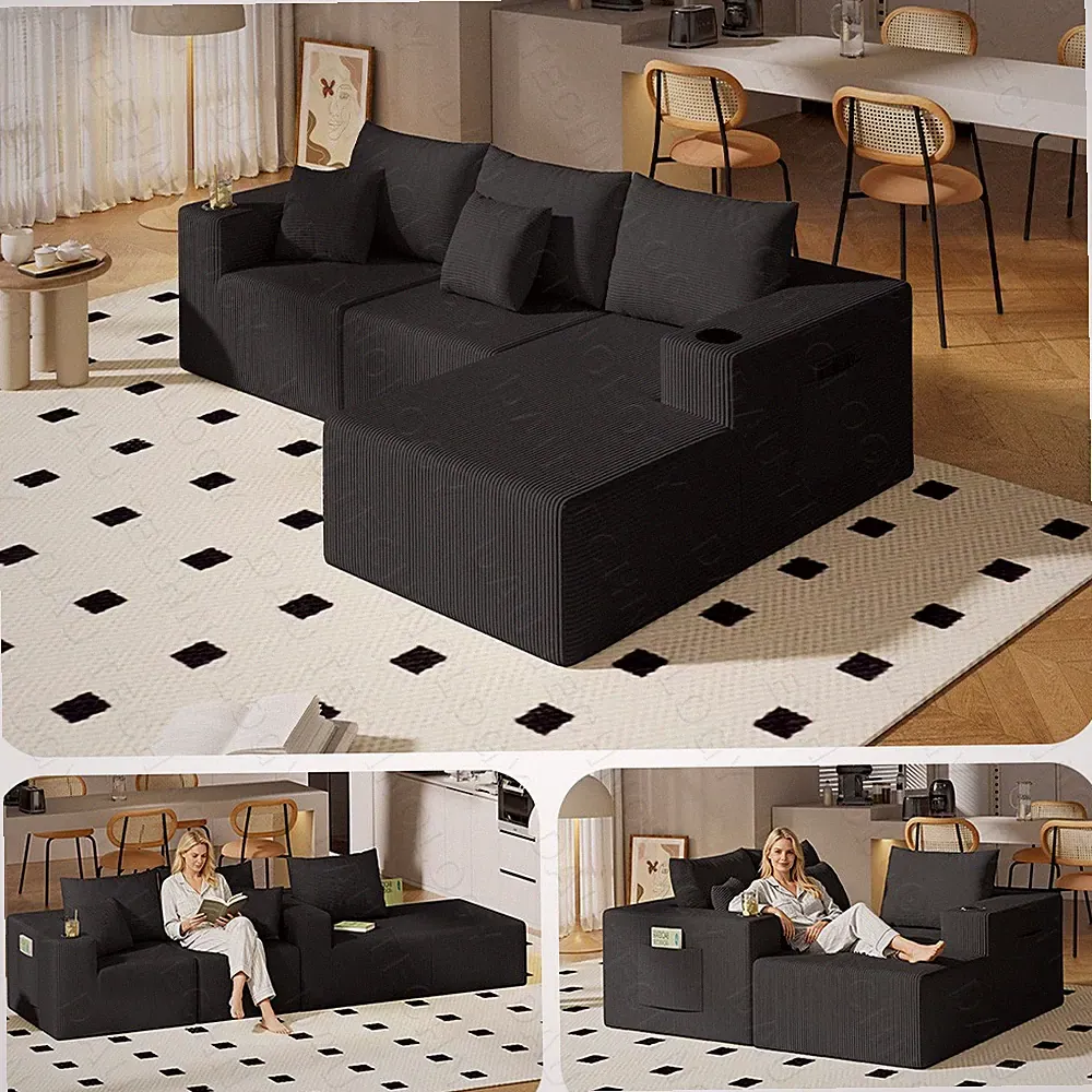 4-Seat Modular Sectional Sofa Couch w/ Side Pocket, cup holders & plump pillows