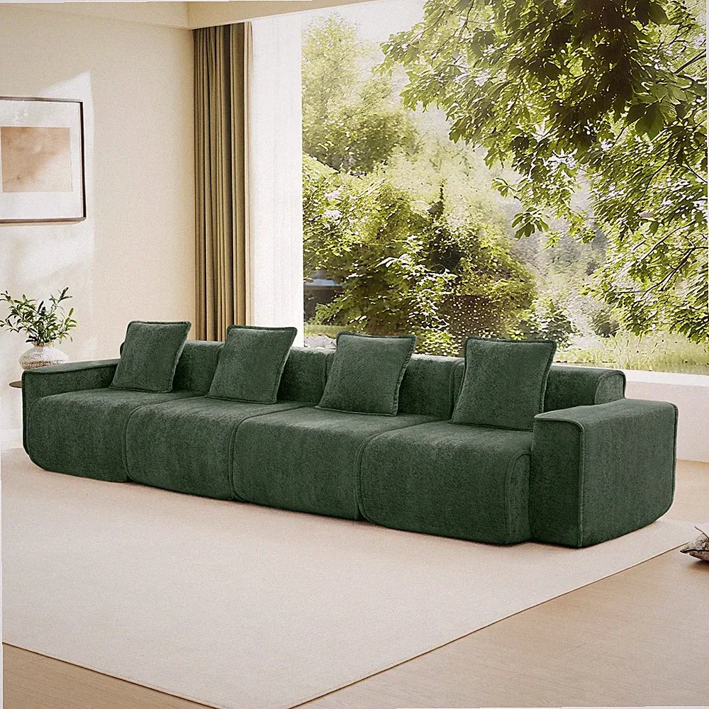 4-Seat Modular Sectional Sofa, Green Velvet with Throw Pillows & French Piping