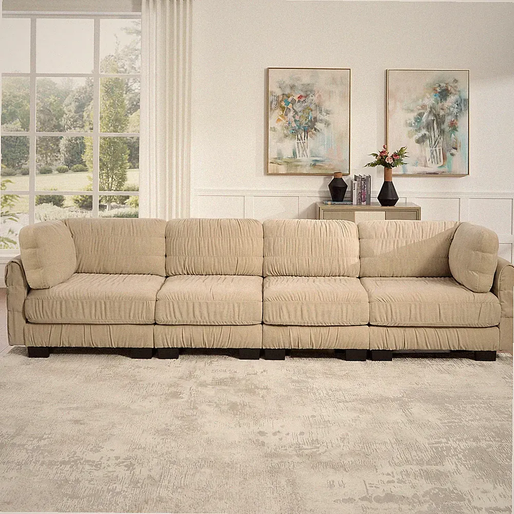 4 Seat Modular Sectional Sofa, L-Shape, Chenille, Ruched Detailing, Camel