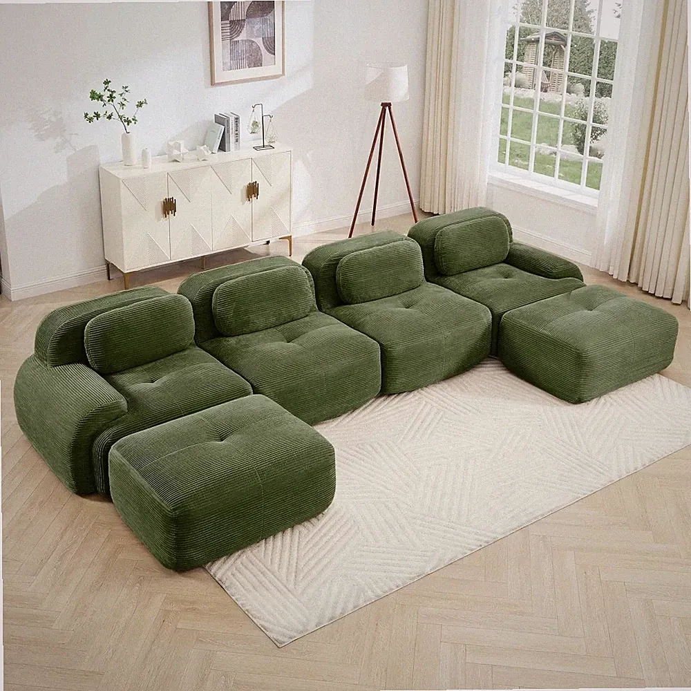 4-Seat Modular Sectional Sofa, Olive Green Corduroy, No Assembly, Pet Friendly