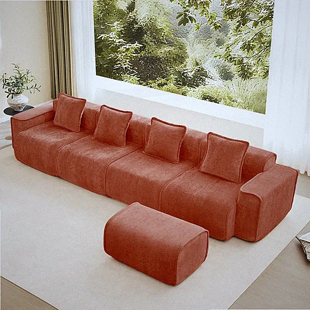 4 Seat Modular Sectional Sofa, Velvet L Shape, w/ Ottoman & Pillows, No Assembly