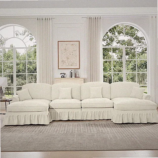 4-Seat Modular Sectional Sofa with Removable Ruffles & Ottoman, Beige
