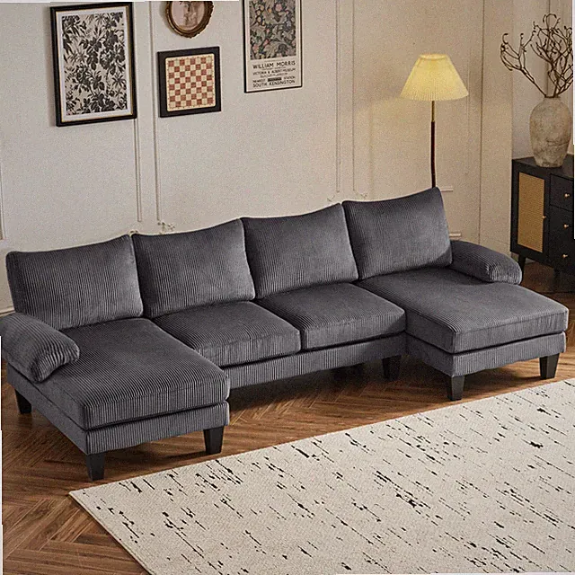 4 Seat Sectional Couches for Living Room Furniture Corduroy Comfy Couch Grey
