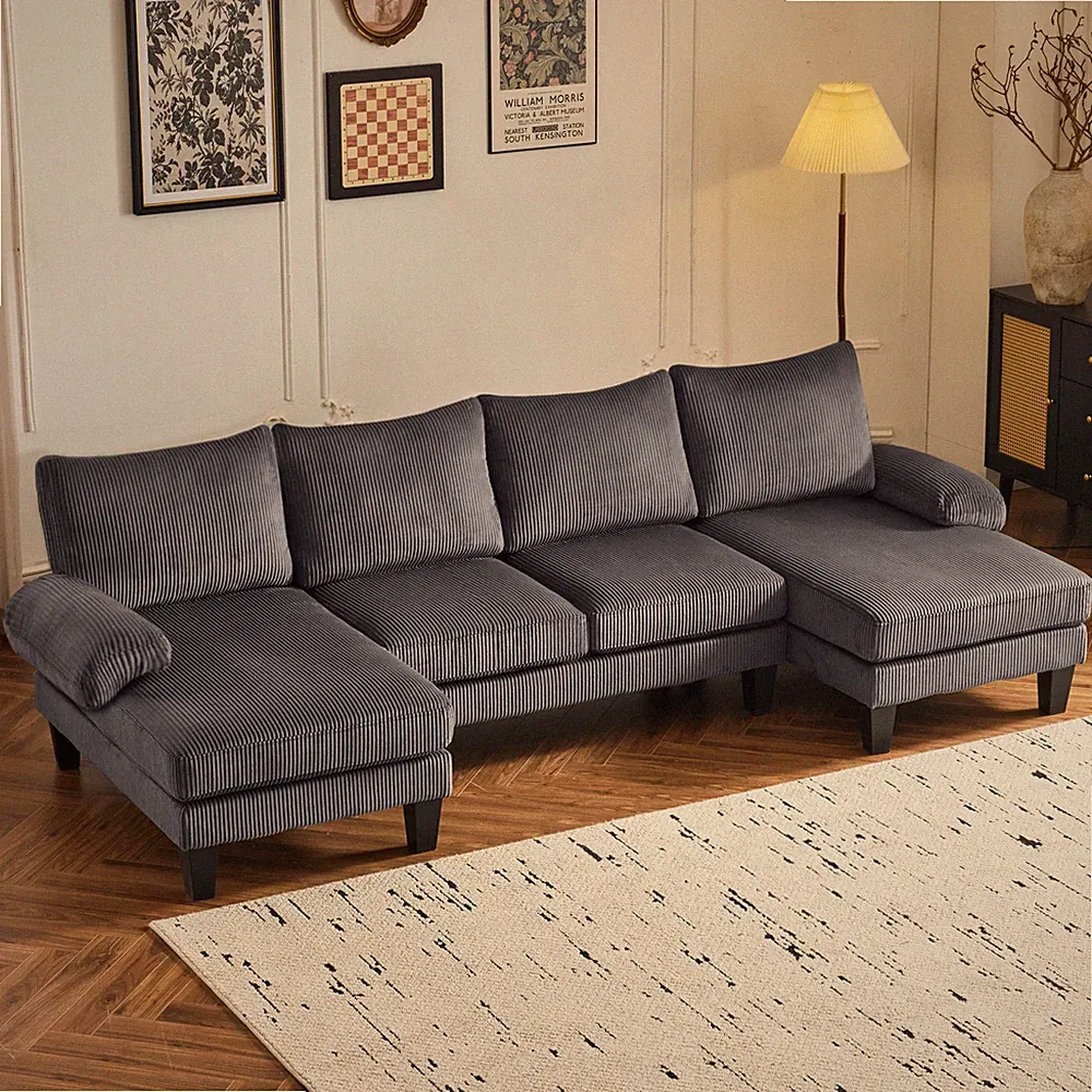 4 Seat Sectional Couches for Living Room Furniture Corduroy Comfy Couch Grey