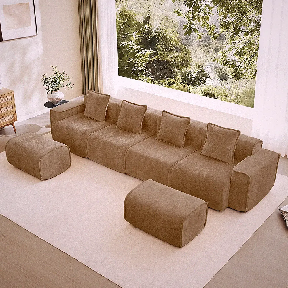 4-Seat Sectional Sofa Velvet Brown Boneless French Piping w/ Ottomans