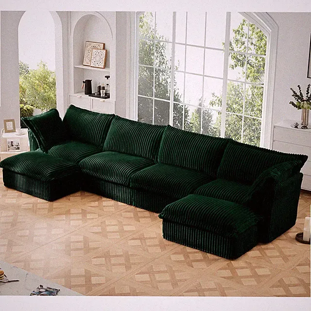 4-Seat U-Shape Sectional Sofa, Deep Seat Cloud Couch, Green Corduroy Fabric