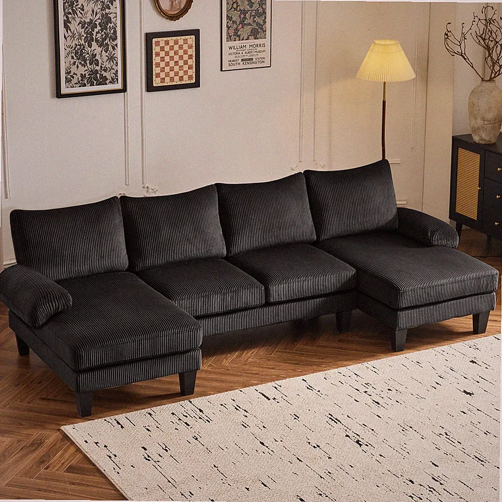 4-Seat U-Shape Sectional Sofa Set with Corduroy Fabric for Home Furniture Black