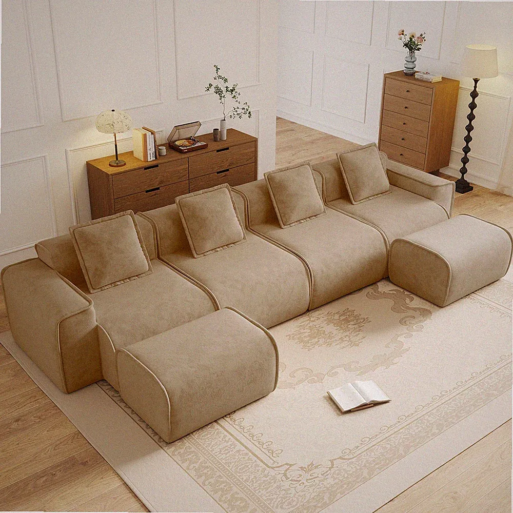 4 Seat U Shape Sectional Sofa, Velvet Fabric Brown, No Assembly, 2 Ottomans