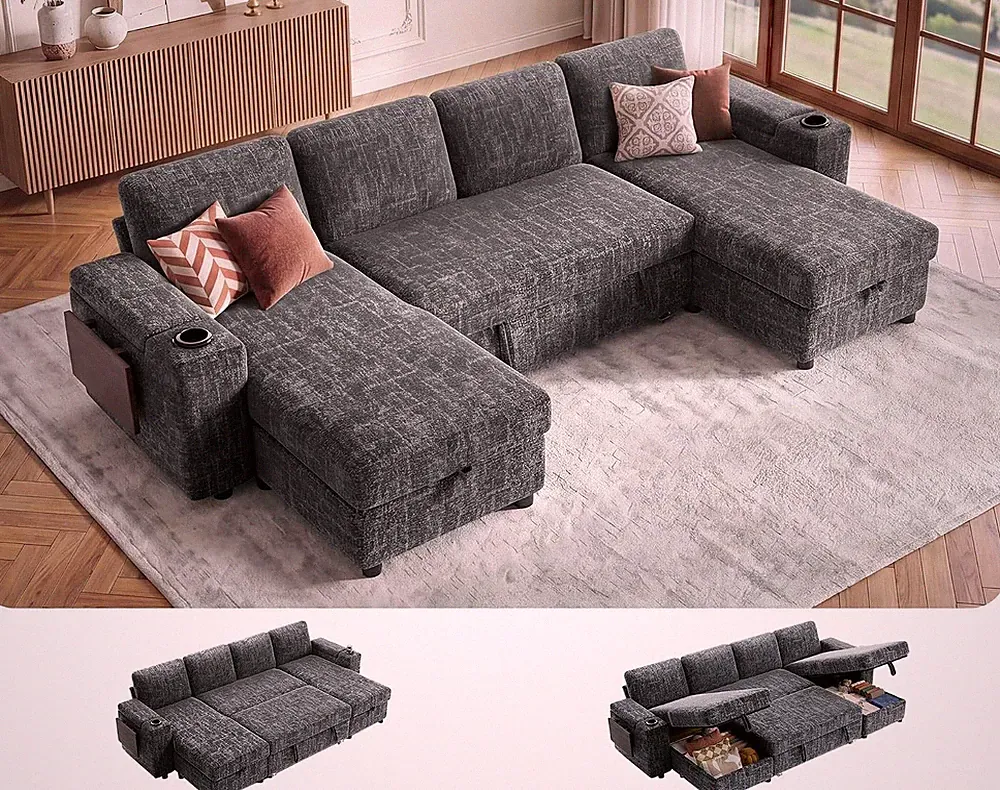 4 Seat U Shaped Sectional Sofa Bed with Pull Out Bed, 108'' Chenille Modular Sle