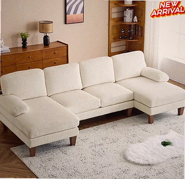 4 Seat U-Shaped Sectional Sofa Corduroy w/ 2 Chaise Living Room Couch Sofa Blanc