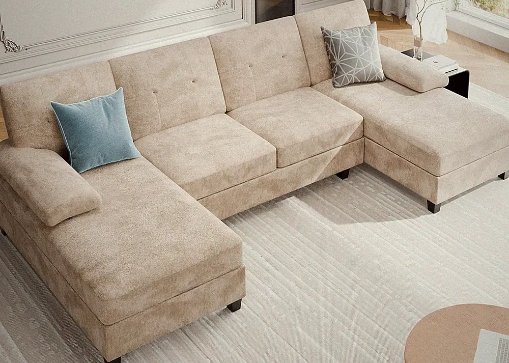 4 Seat U Shaped Sectional Sofa Double Chaise Lounges Light Beige