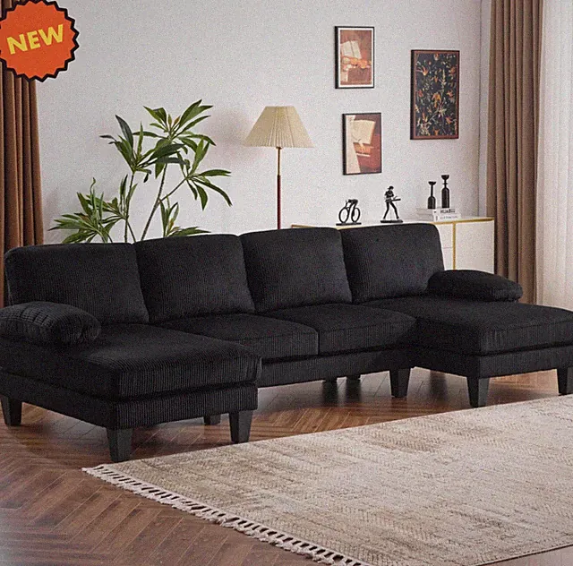 4 Seat Upholstered U-Shaped Corduroy Sectional Sofa 2 Set Chaise Living Room NEW