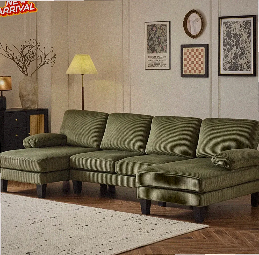 4 Seat Upholstered U-Shaped Corduroy Sectional Sofa Set 2 Chaise Living Room NEW