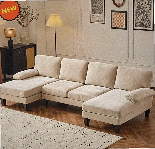 4 Seat Upholstered U-Shaped Sectional Chenille Sofa Set 2 Chaise Living Room
