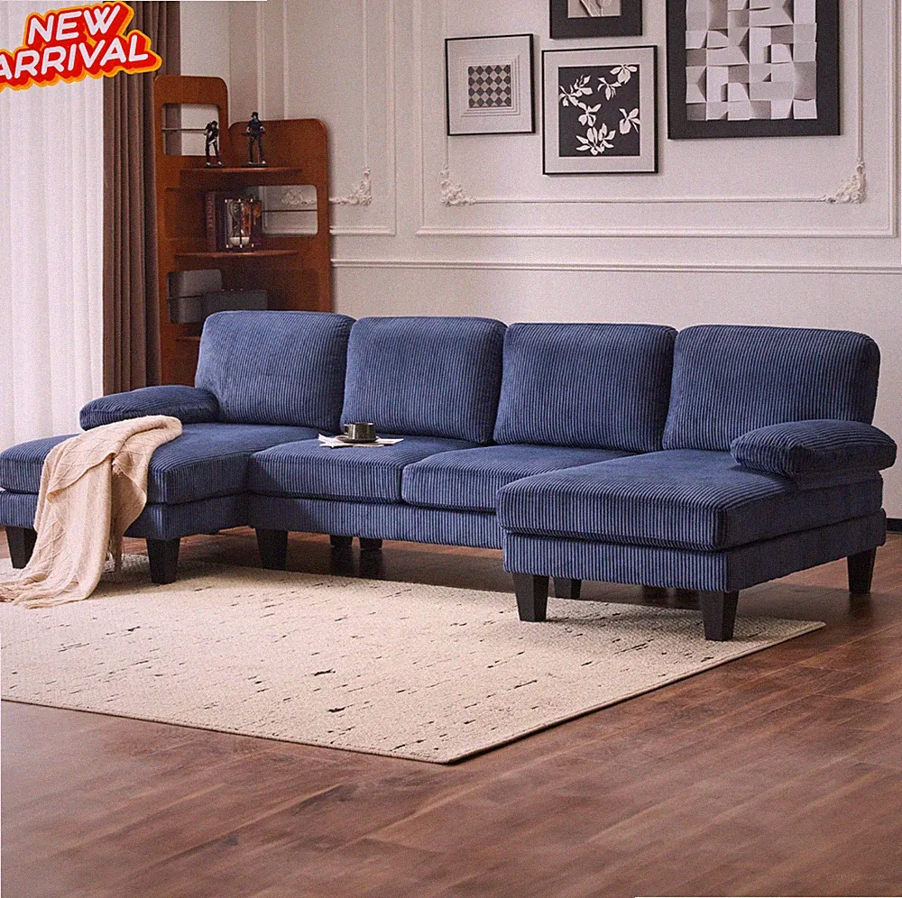 4 Seat Upholstered U-Shaped Sectional Corduroy Sofa Set 2 Chaise Living Room NEW