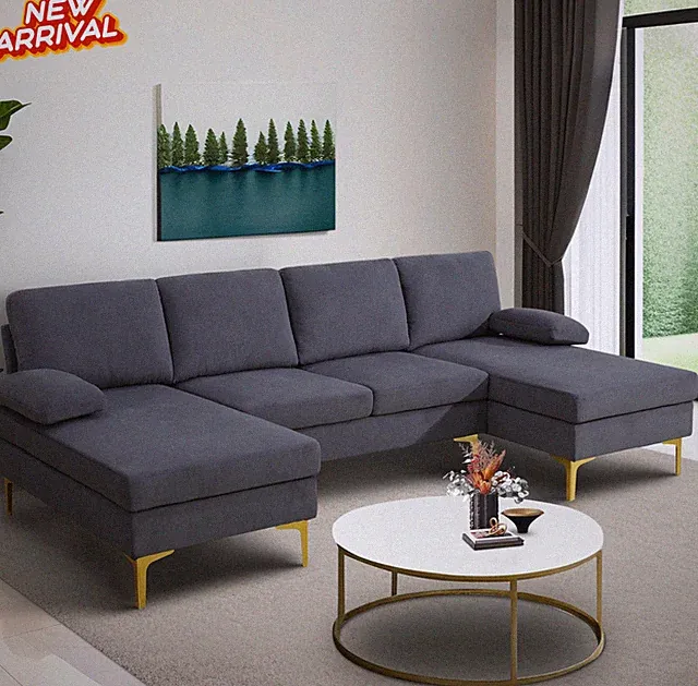 4 Seat Upholstered U-Shaped Sectional Sofa Set 2 Dark Gray Chaise Living Room