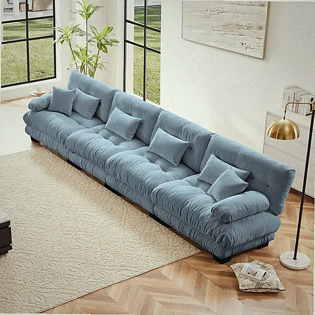 4 Seater Blue Sectional Sofa w/ Deep Seating, Chenille Fabric Couch