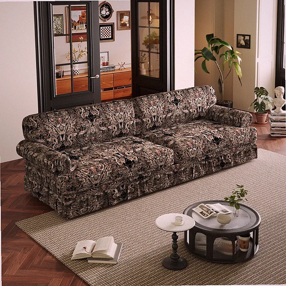 4-Seater Cloud Couch, Deep 26.4" Seat Oxford Fabric Sofa, Black Floral