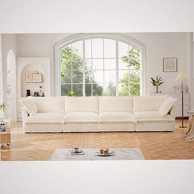 4 Seater Corduroy Sofa, Removable Slipcover, Extra Deep Cloud Couch, Cream