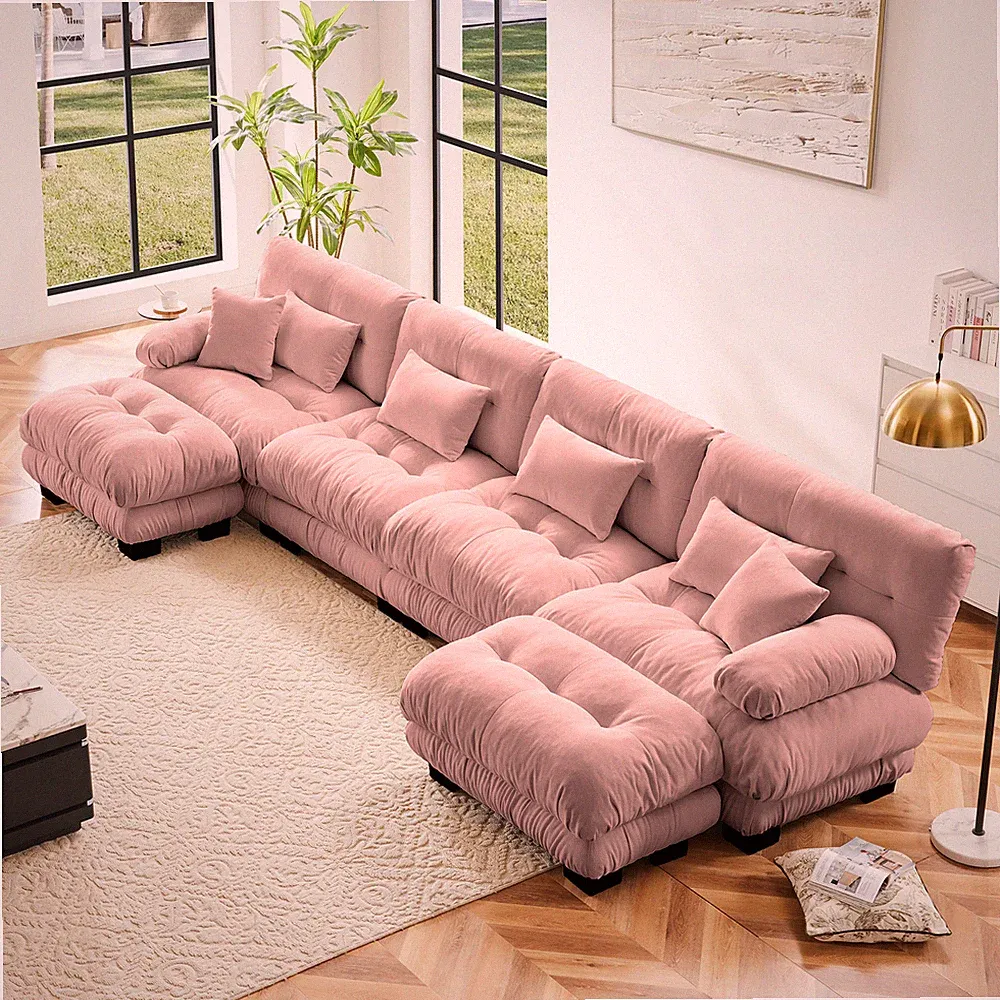 4-Seater Free Combination Modular Sectional Sofa U-Shaped Couch - Chenille Pink