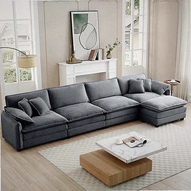4 Seater Grey Corduroy Sectional Sofa w/ Footstool & Pillows, Easy Assembly