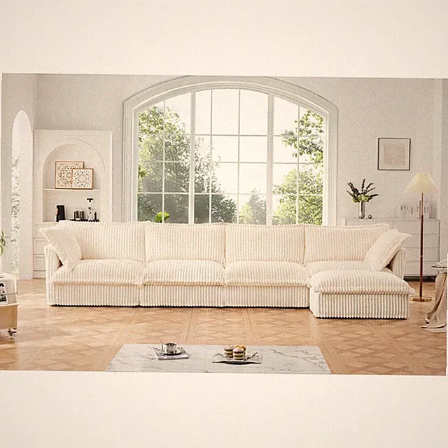 4 Seater L-Shape Sectional Sofa Bed with 2 Pillows, Cream Corduroy